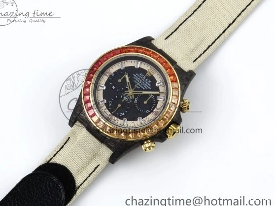MiroTime 0513 Refined Daytona DIW Carbon Case DIWF Edition Black White Dial Orange Diamonds Bezel on White Nylon Strap A 1668
